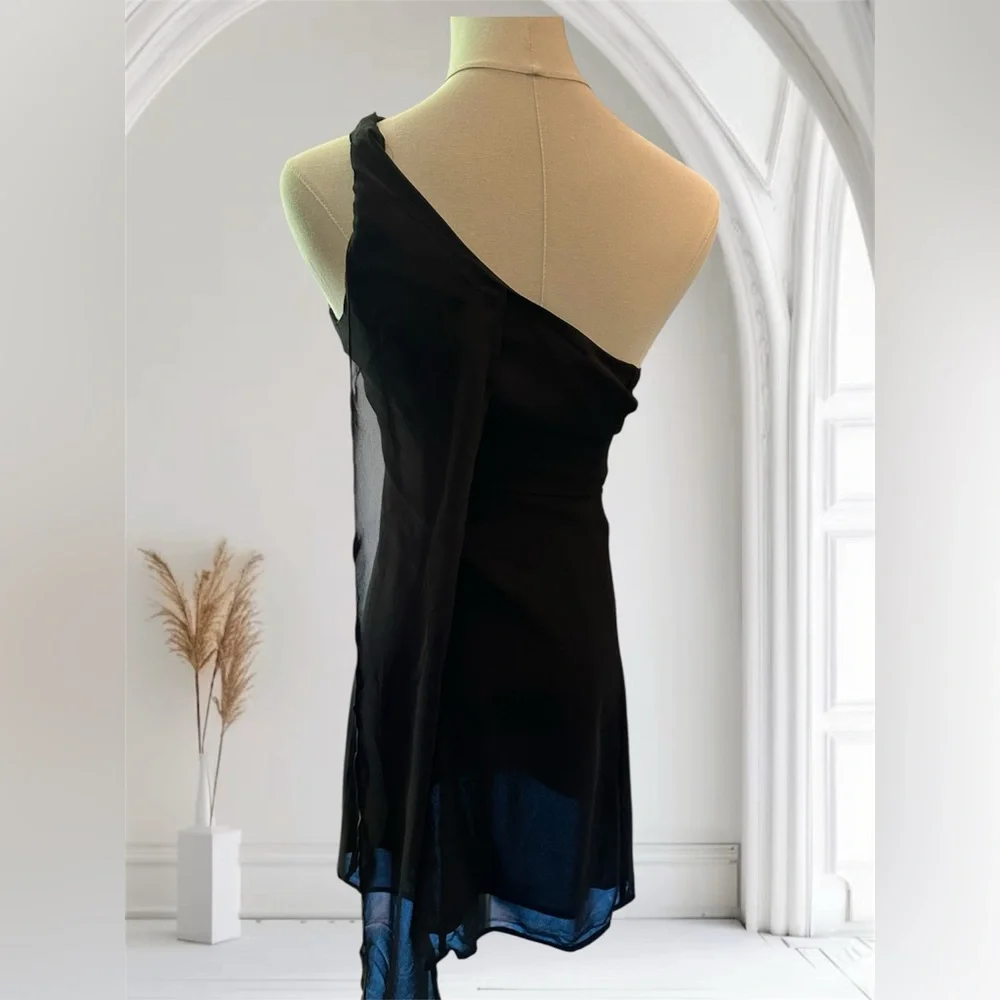 890. Commense One Shoulder Sheer Drape Mini Dress Black | Small - Picture 3 of 6